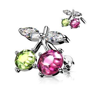 A &amp;amp; ONE Ródiumozott, Ezüst Színű Orvosi Acél, Cseresznye Alakú Zöld És Rózsaszín Piercing