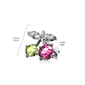 A &amp;amp; ONE Ródiumozott, Ezüst Színű Orvosi Acél, Cseresznye Alakú Zöld És Rózsaszín Piercing
