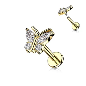 Arany Színű 316L Orvosi Acél Köves Pillangó Alakú Egyenesszárú Labret Piercing