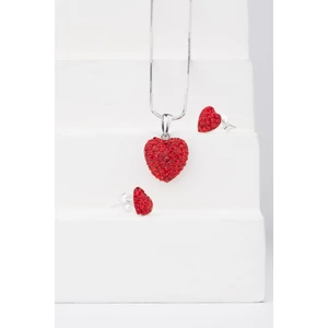 S925 Ezüst Swarovski Kövekkel Kirakott Piros Szív Alakú Fülbevaló És Nyaklánc Szett