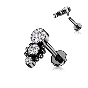 Fekete Színű 316L Orvosi Acél Egyenesszárú Labret Piercing Cirkónia Köves Díszítéssel