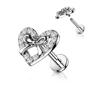 Ezüst Színű 316L Orvosi Acél Egyenesszárú Labret Piercing Szív Díszítéssel