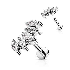 Ezüst Színű 316L Orvosi Acél Labret Piercing Fehér Ovális Kövekkel