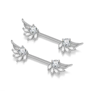 Ezüst Színű 316L Angyalszárny Alakú Fül És Mell Barbell Piercing Kövekkel
