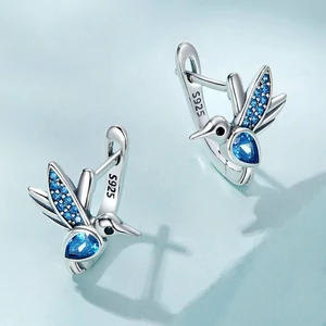 S925 Ezüst Kék Köves Kolibri Formájú Pici Karika Fülbevaló