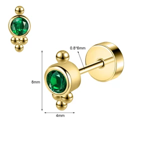 316L Arany Színű Labret Piercing Ovális Zöld Cirkónia Kővel - 6 mm