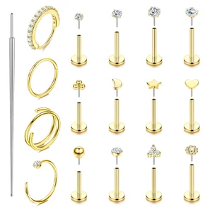 Arany Színű 316L Push-in Labret És Karika Piercing Szett Labret Behelyező Pálcával - 17 db