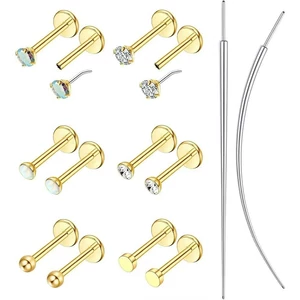 Arany Színű 316L Push-in Labret Piercing Szett Labret Behelyező Pálcával - 6 pár