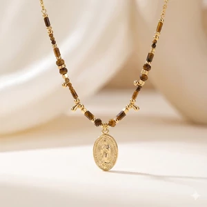 Arany Színű Sárgaréz Nyaklánc Barna Gyöngy Díszítéssel És Medállal