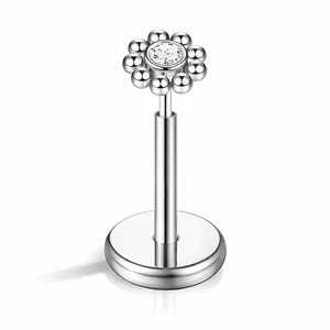 316L Ezüst Színű Virág Alakú Push-in Labret Piercing Kővel - 1db