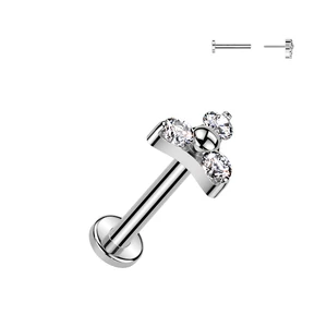 Ezüst Színű Titánium Push-in Labret Piercing Köves Díszítéssel