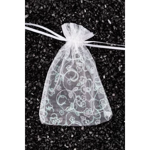 Fehér Alapon Csillámos Virág Mintás Áttetsző Ajándék Tasak, 15 x 10,5 cm