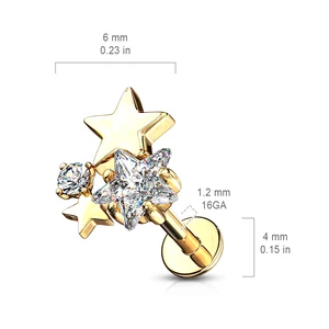14 Karátos Arannyal Bevont Ródiumozott Arany Színű Orvosi Acél Csillag Alakú Piercing, Cirkónia Kövekkel
