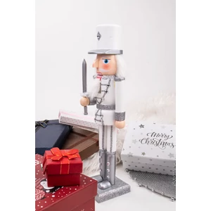 Fehér-Ezüst Ruhás Fából Készült Diótörő Figura - 25 cm