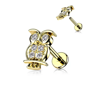 A & ONE Arany Színű 316L Orvosi Acél Köves Bagoly Alakú Egyenesszárú Labret Piercing