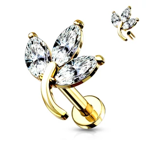 A & ONE Arany Színű Levél Mintával Díszített 316L Orvosi Acél Egyenesszárú Labret Piercing