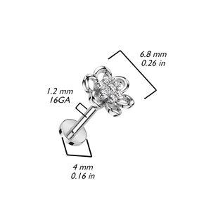 Ezüst Színű Virággal Díszített 316L Orvosi Acél Egyenesszárú Labret Piercing