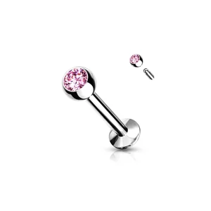 A & ONE Ezüst Színű 316L Orvosi Acél Egyenesszárú Labret Piercing Pink Kővel