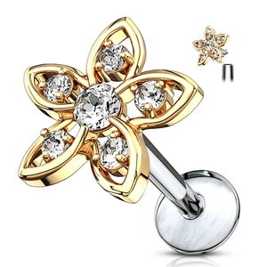 Arany Színű 316L Orvosi Acél Egyenesszárú Labret Piercing Kövekkel Díszített Virággal