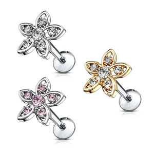 Arany Színű 316L Orvosi Acél Egyenesszárú Labret Piercing Kövekkel Díszített Virággal