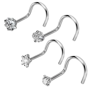 A & ONE 4 Darabos Ezüst Színű 316L Orvosi Acél Orr Piercing Szett Fehér Köves Díszítéssel