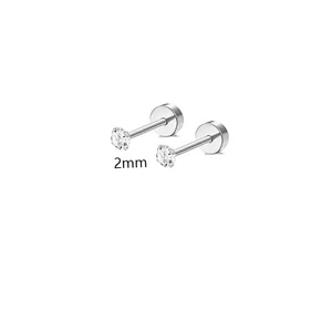 Ezüst Színű 316L Orvosi Acél Egyenesszárú Labret Piercing Cirkónia Kővel - 1 pár - 2 mm