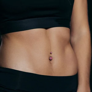 Ezüst Színű Titánium Dupla Golyós Köldök Piercing Rózsaszín Kővel