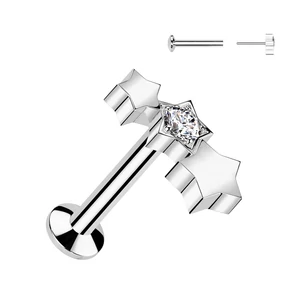 316L Orvosi Acél Ezüst Színű Push-in Labret Piercing Csillag Dísszel és Kővel