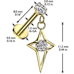Arany Színű Push-in Labret Piercing Csillag Medállal Cirkónia Kővel
