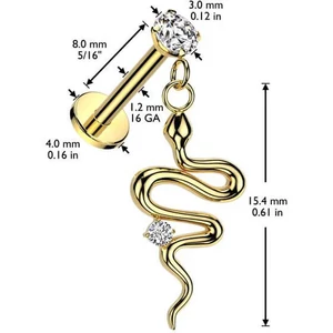Arany Színű Push-in Labret Piercing Kígyó Medállal Cirkónia Kővel