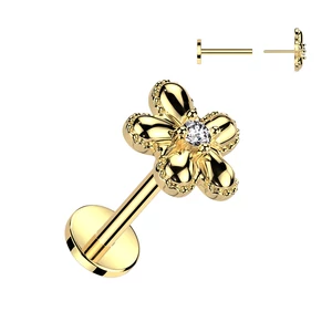 Arany Színű 316L Orvosi Acél Push-in Labret Piercing Virág Dísszel
