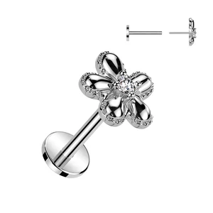 Ezüst Színű 316L Orvosi Acél Push-in Labret Piercing Virág Dísszel
