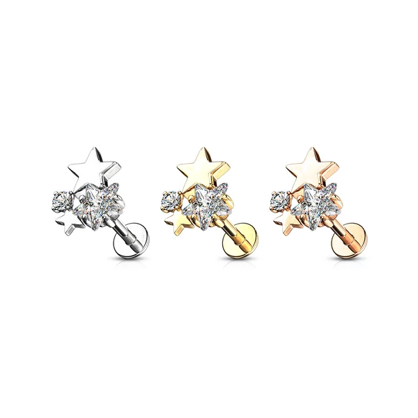14 Karátos Arannyal Bevont Ródiumozott Arany Színű Orvosi Acél Csillag Alakú Piercing, Cirkónia Kövekkel