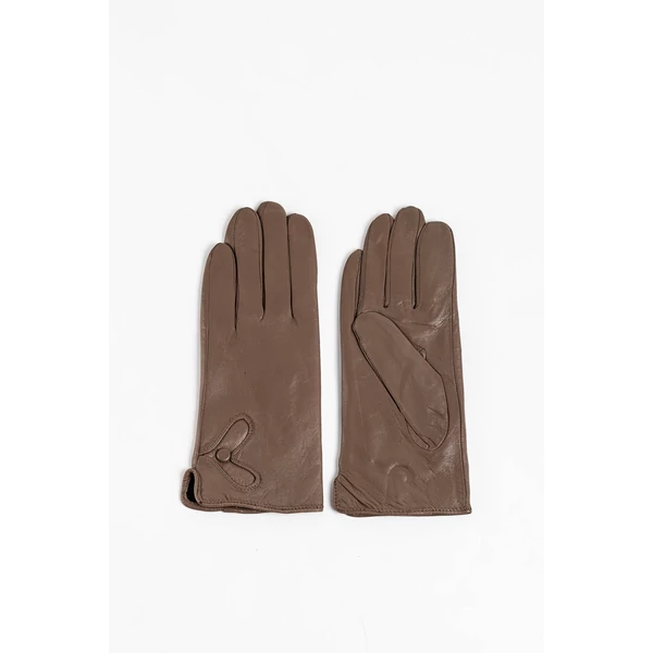 Szürkésbarna Női Valódi Bőr Kesztyű Gombos Díszítéssel, M-es