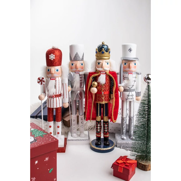 Fehér-Ezüst Ruhás Fából Készült Diótörő Figura - 25 cm
