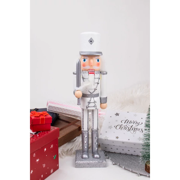 Fehér-Ezüst Ruhás Fából Készült Diótörő Figura - 38 cm