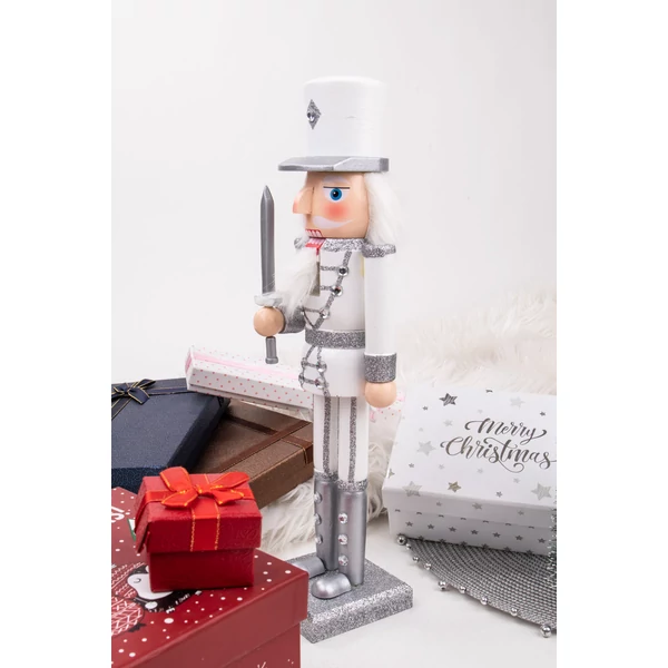 Fehér-Ezüst Ruhás Fából Készült Diótörő Figura - 25 cm
