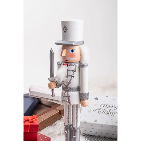 Fehér-Ezüst Ruhás Fából Készült Diótörő Figura - 25 cm