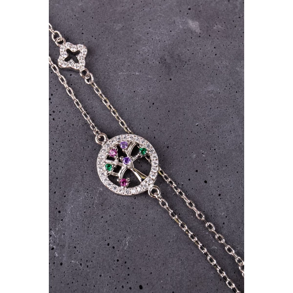 A & ONE Élet Fája Medállal Díszített Cirkónia Köves S925 Ezüst Karkötő