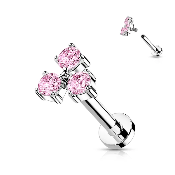 A & ONE Ezüst Színű 316L Orvosi Acél Egyenesszárú Labret Piercing Pici Rózsaszín Kövekkel
