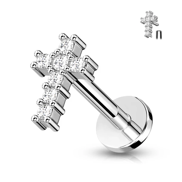 A & ONE Ezüst Színű 316L Orvosi Acél Köves Kereszt Alakú Egyenesszárú Labret Piercing