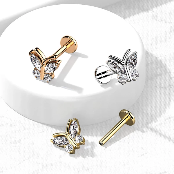 A & ONE Arany Színű 316L Orvosi Acél Köves Pillangó Alakú Egyenesszárú Labret Piercing