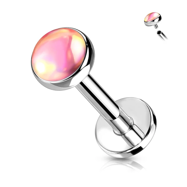 A & ONE Ezüst Színű 316L Orvosi Acél Egyenesszárú Labret Piercing Rózsaszín Színjátszós Kővel