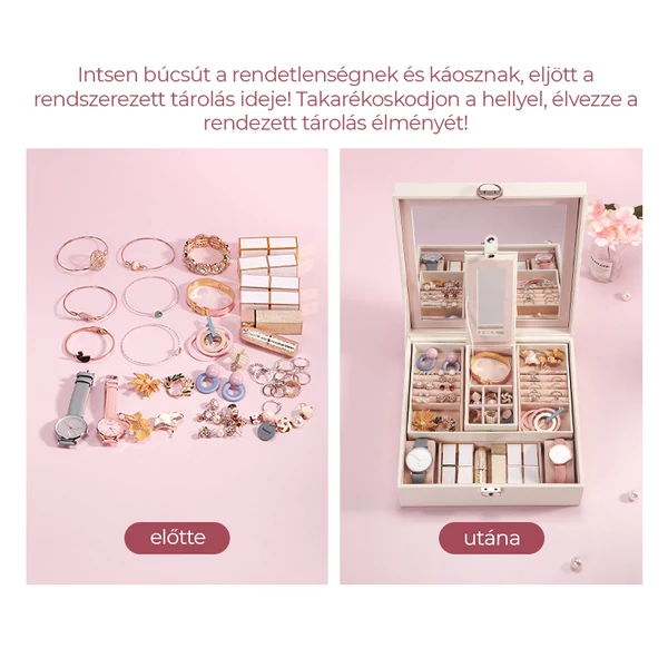 Rózsaszín Színű Műbőr Krokodil Mintás Ékszertartó Doboz Nagy Tükörrel, Kivehető Tárolóval