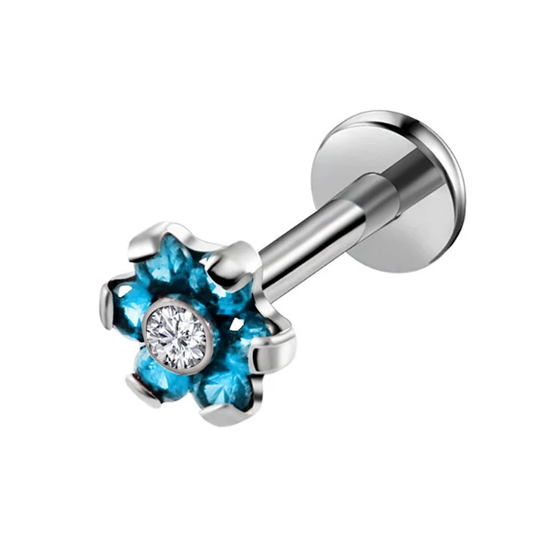 A & ONE Ezüst Színű Orvosi Acél, Kék Virág Díszítésű Labret Piercing