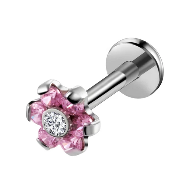 A & ONE Ezüst Színű Orvosi Acél, Rózsaszín Virág Díszítésű Labret Piercing