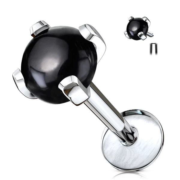A & ONE Ezüst Színű 316L Orvosi Acél Egyenesszárú Labret Piercing Fekete Kővel