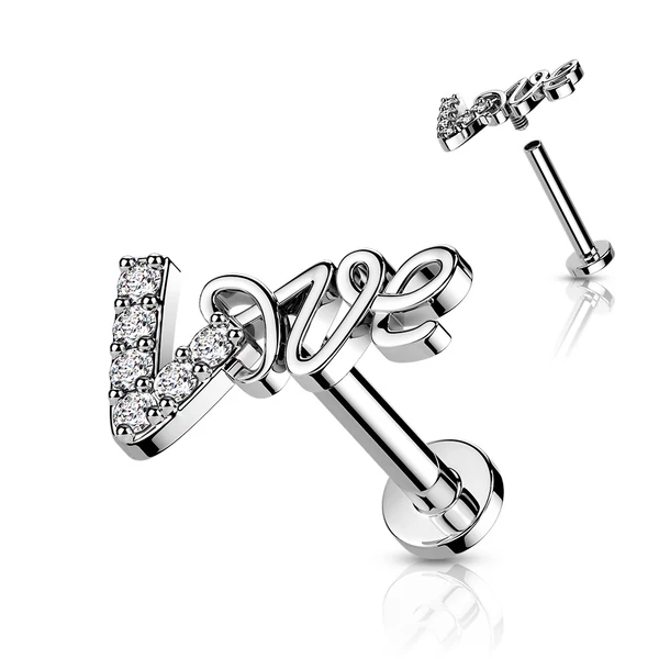 A & ONE Ezüst Színű 316L Orvosi Acél Love Felirattal Díszített Egyenesszárú Labret Piercing