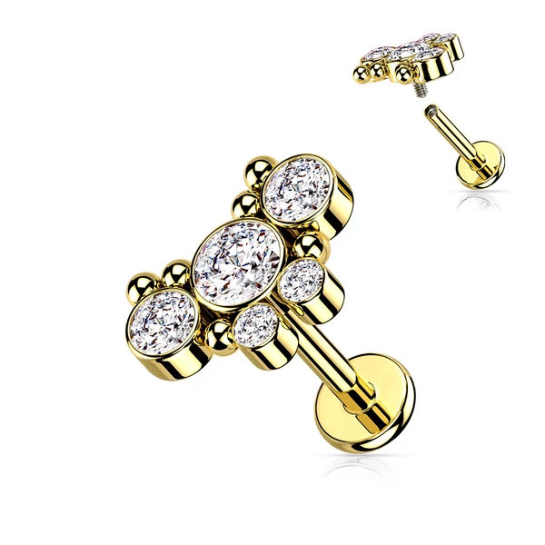 A & ONE Arany Színű Cirkónia Kövekkel Díszített 316L Orvosi Acél Egyenesszárú Labret Piercing