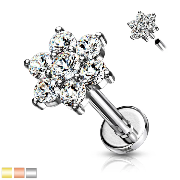 Csillogó Virággal Díszített 316L Orvosi Acél Egyenesszárú Labret Piercing